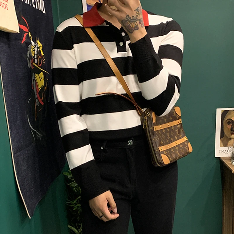 

Men 2022 Autumn Winter New Fashion Lapel Knitted Jumpers Male Striped Sweater Tops Men Long Sleeve Casual Pullover Tops C288