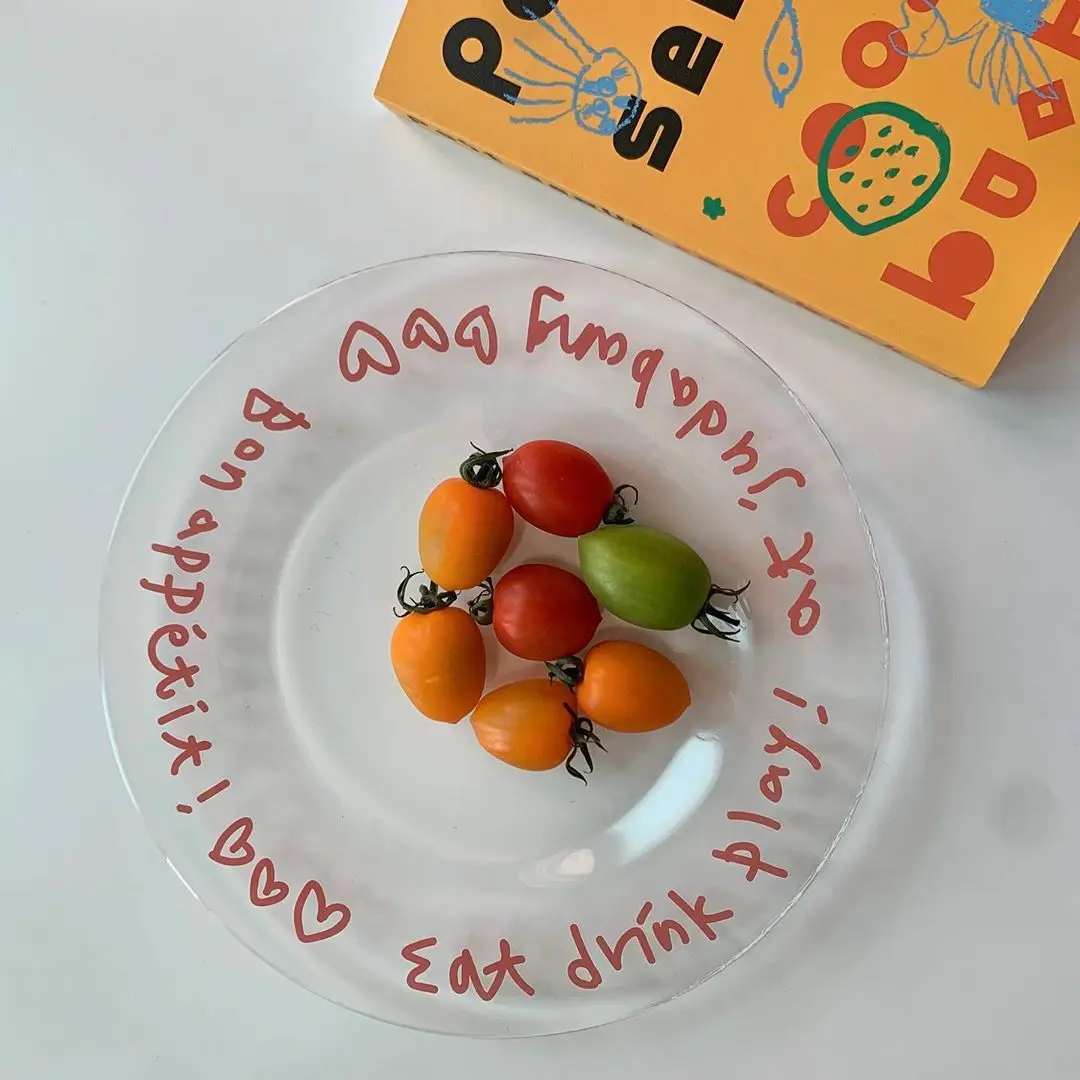 

Hot Sale 19cm Korean Simple Style Glass Letter Breakfast Salad Fruit Plate