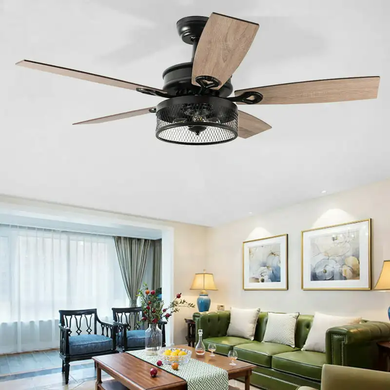 

Industrial Cage Light Ceiling Fan w/ Reversible Blades Remote Indoor