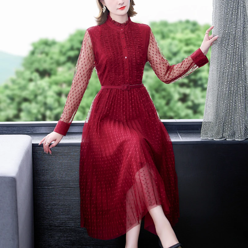 

Women Red Jacquard Lace Hollow Out Long Seeve Ruffled Coall Sexy Midi Dress 2022 Spring Summer Long Sleeve Elegant Party Dresses