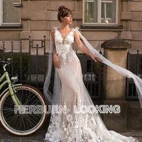 herburnl custom made princess mermaid v neck backless wedding gown 2022 a line appliques bridal floor length robe de mari%c3%a9e