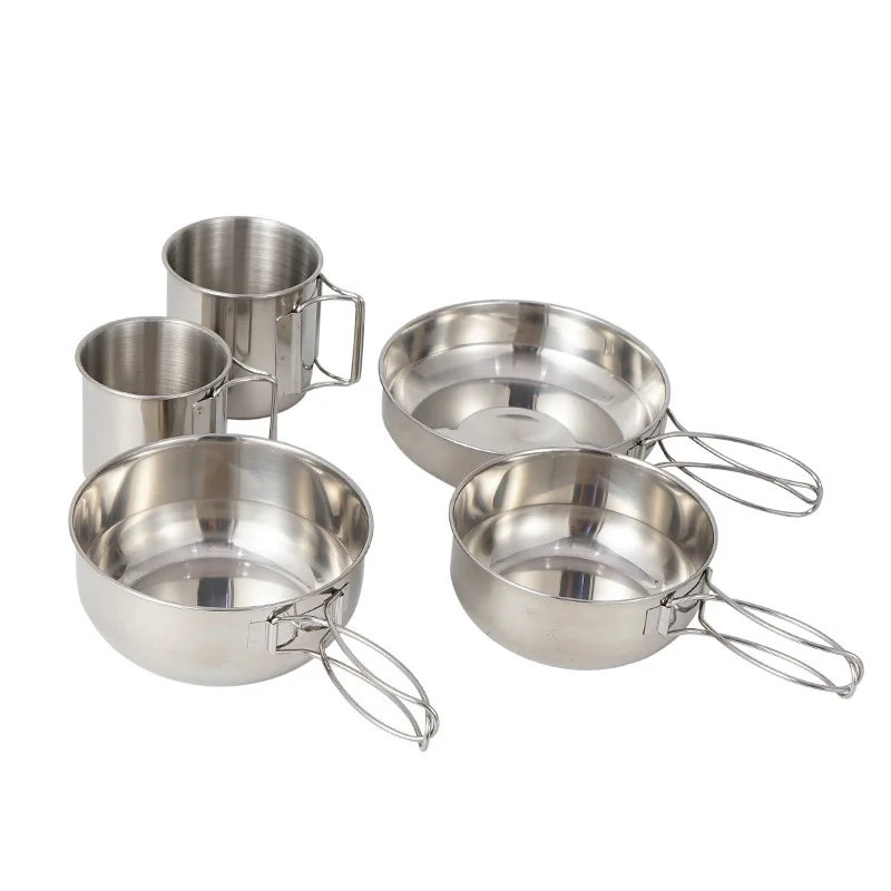 

5 Piece Camping Dinnerware Kit Stainless Steel Water Cup Pot Pan Set Corrosion Resistant for Travel Picnic Barbecue Supplies