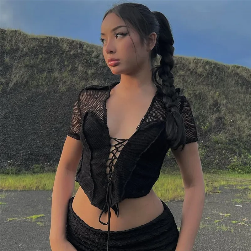 

Summer Women Mesh T shirts Sexy Perspective Short Sleeve Drawstring Bandage Lace up Cropped Tops Irregular Hollow out Crop Tees