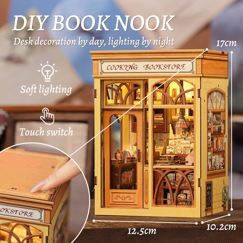 Фото CUTEBEE Book Nook Kit DIY Кукольный домик со светодиодной подсветкой Книжная полка Вставка Кулинарный книжный магазин Модель Коллекция для подарков на день рождения для детей №2