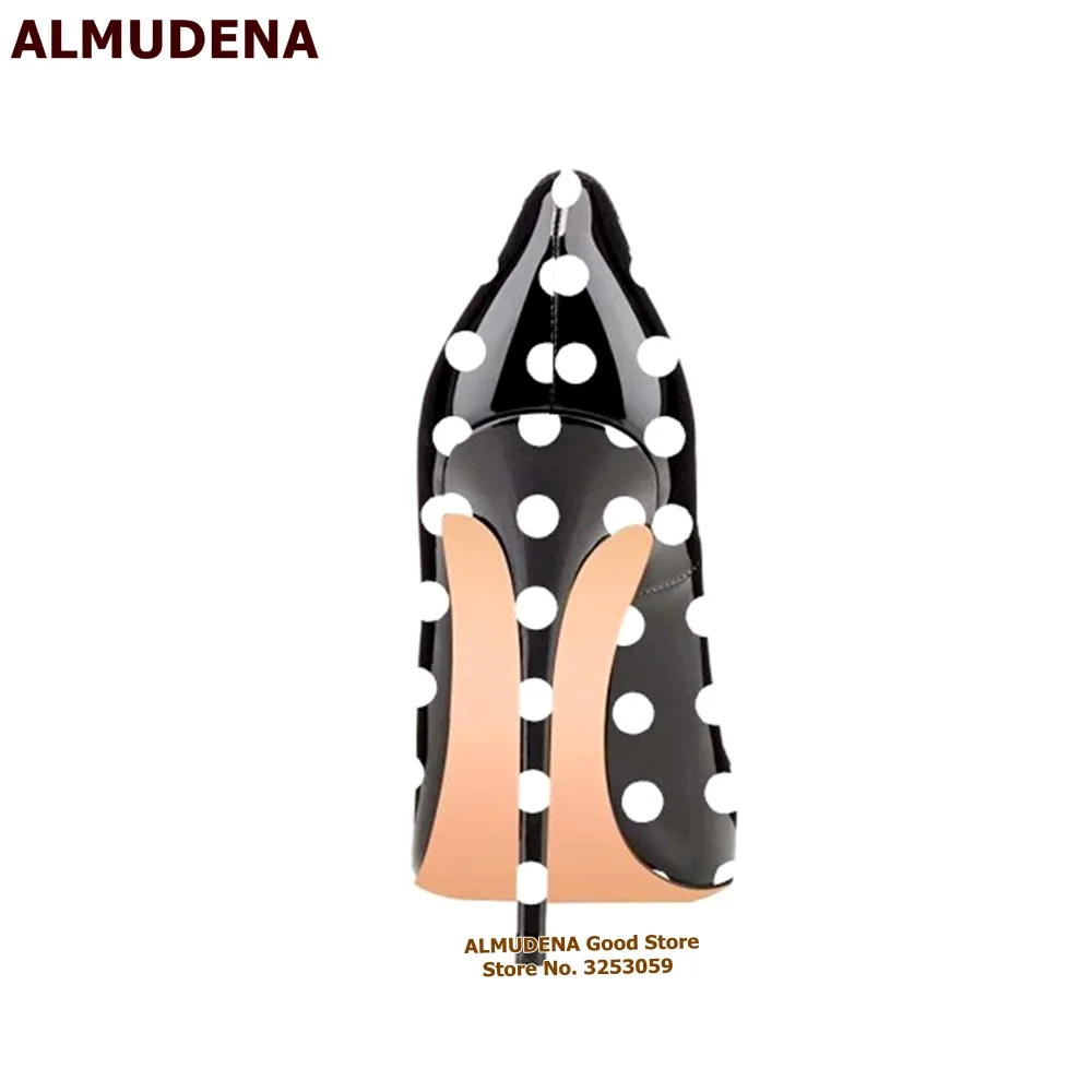 ALMUDENA Black/White Patent Leather Polka Dots High Heels 12cm 10cm 8cm Stiletto Heels Pointy Toe Classy Pumps Slip-on Shallow