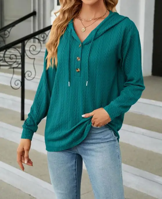 

2023 Fashion New Casual Women's Autumn Winter Solid Color Hooded Button Loose Long-Sleeved Sweater Pullover Top