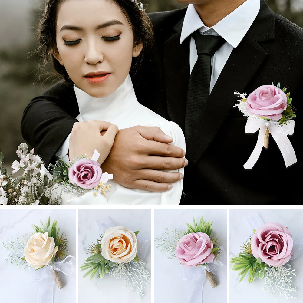 

White Silk Roses Corsages Boutonnieres Wedding Decoration Marriage Rose Wrist Corsage Pin Boutonniere Flowers for Guests