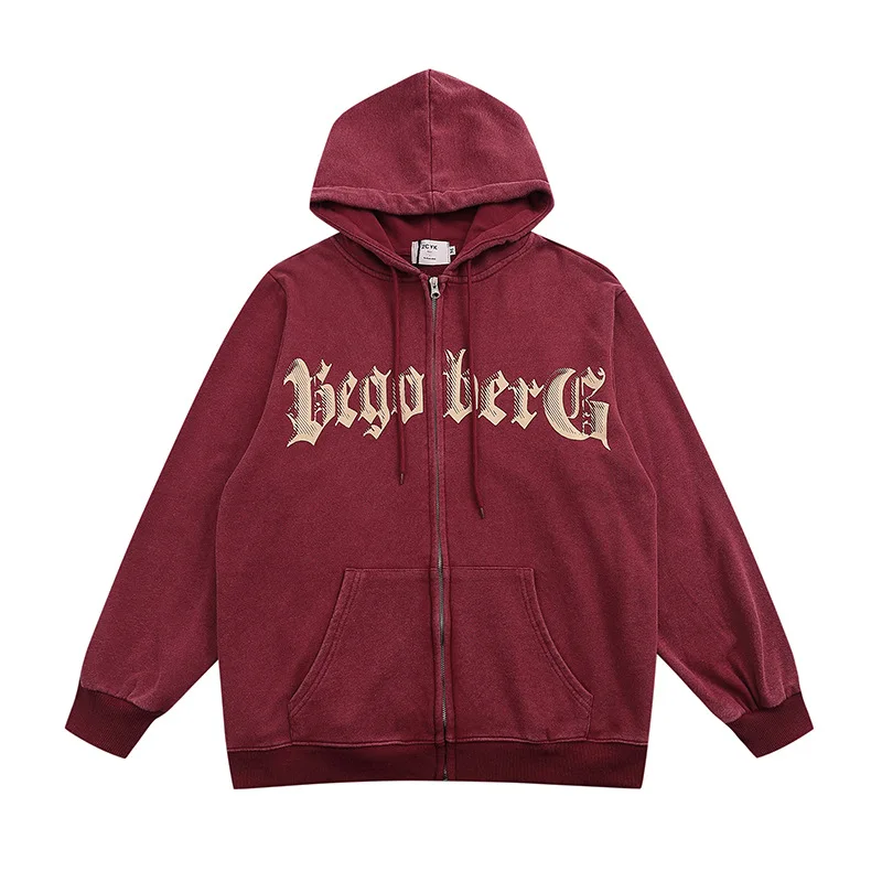 

Four Seasons American High Street Retro Letter Print Hooded Cardigan Sweater Men's and Women's Same Retro Washed Loose Jacket
