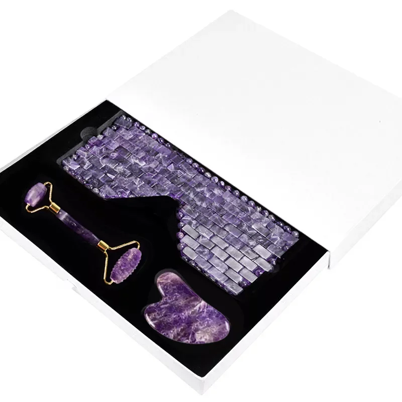 

Amethyst Eye Stone Mask Face Massage Jade Roller Gua Sha Scraper Set Purple Crystal Sleeping Masks Facial Massager Skin Care Kit