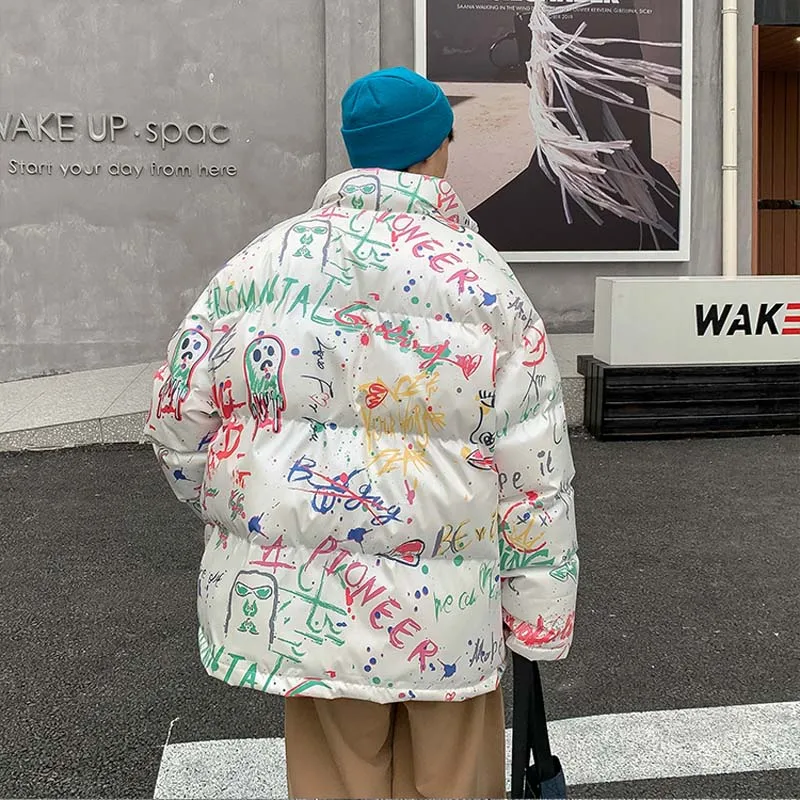 Letter Graffiti Puffer Jacket for Men Korean Fashion Trends Hip Hop Clothes Teen Oversized Streetwear Plus Size Bubble Warm Coat