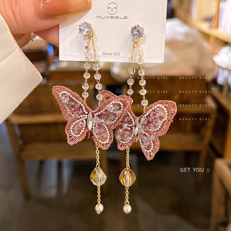 

Silver Needle Set Diamond Pearl Crystal Butterfly Earrings Hong Kong Style Vintage Versatile Temperament Fashion Design
