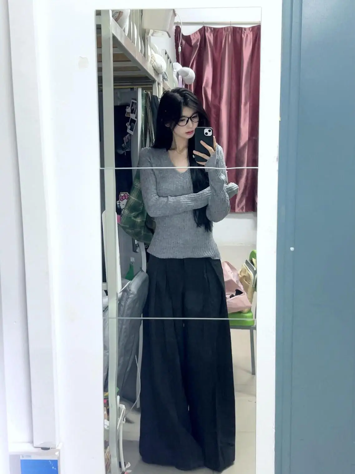 Gyaru серая вязаная женская рубашка с v-образным вырезом и длинными рукавами