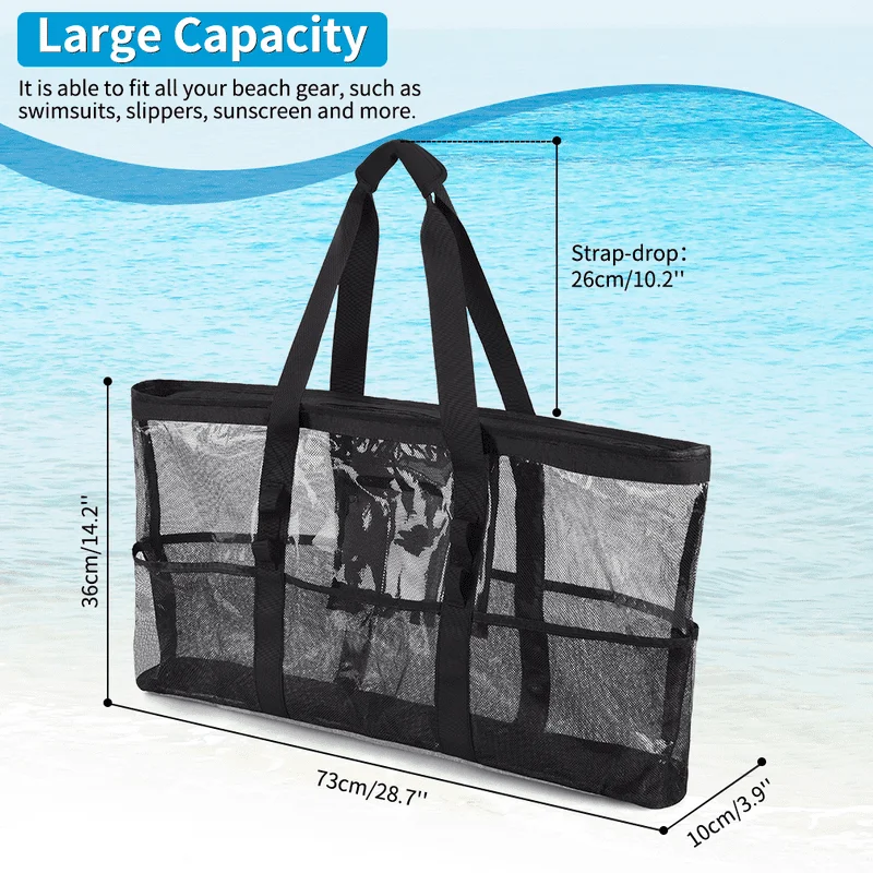 Mesh Beach Bag Larger Travel Tote Bag for Women Weekender Bag Overnight Bag Beach Tote Bag with 9 Pockets for Gym Travel Workout