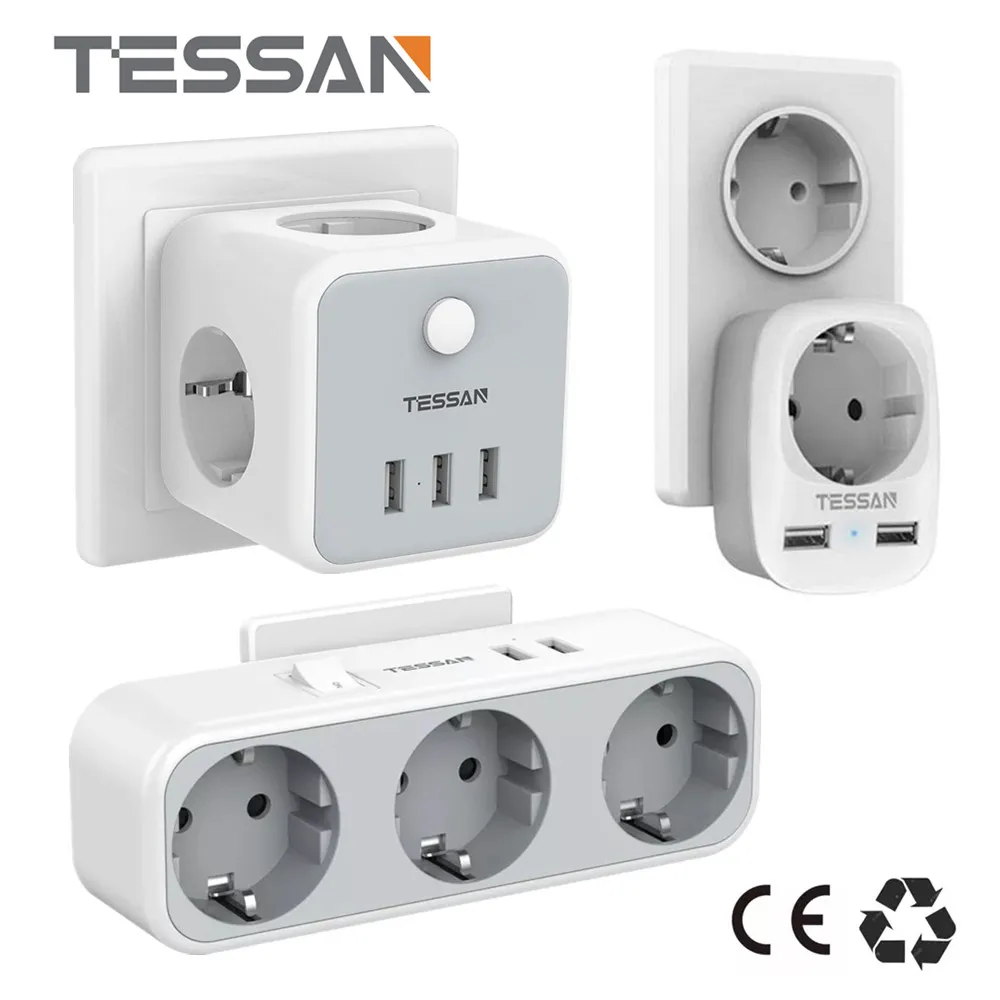 

TESSAN European Plug Adapter Portable Cube Multiple Sockets with Switch, 1/3 EU Outlets and 2/3 USB Ports Wall Charger for Home