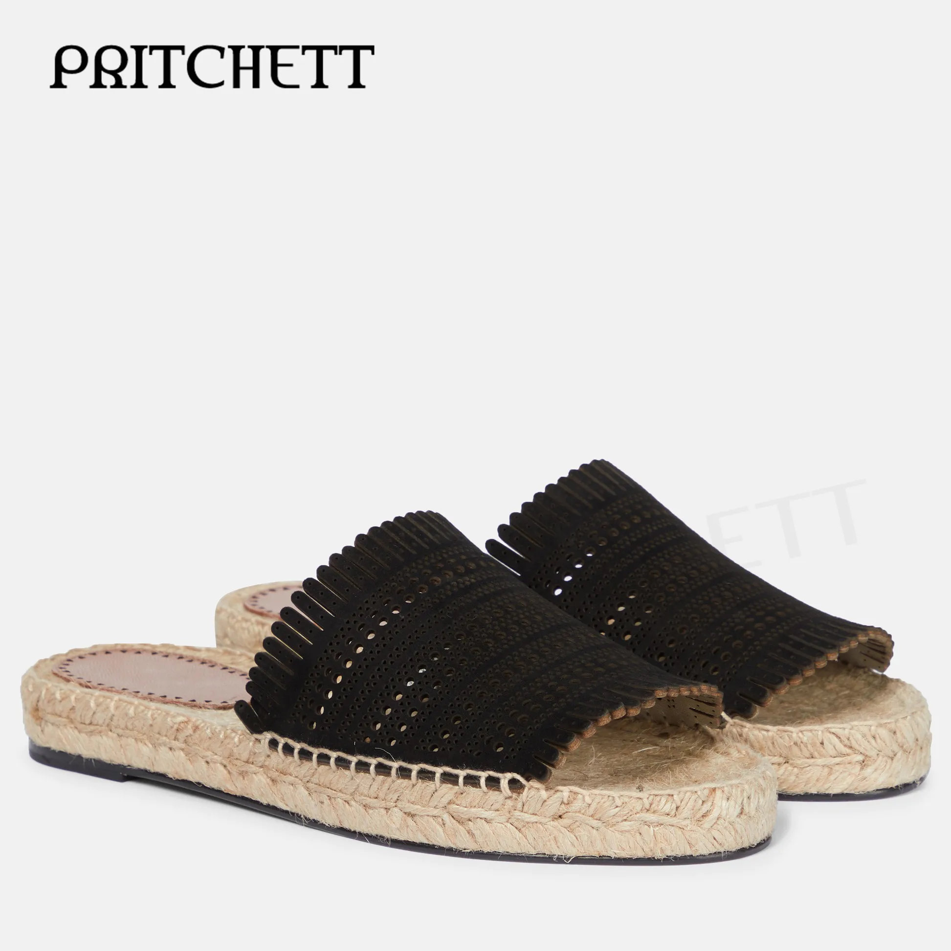 Black Suede Openwork Flat Sandals Open Toe Round Toe Woven Midsole Pink Slippers Fashion Hollow Fringe Edge Casual Slippers