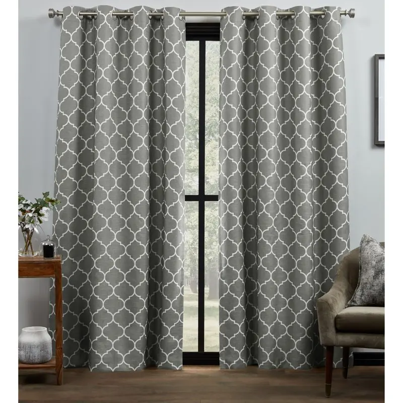 

Exquisite 100% Blackout Trellis Grommet Top Bensen Curtain Panels, Set of 2, 52x96 Inch Grey/White, Luxurious and Stylish.