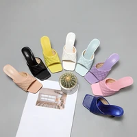 2022 women slippers new summer plaid square toe sandals high heel party sexy slides shoes female stilettos slipper plus size 42