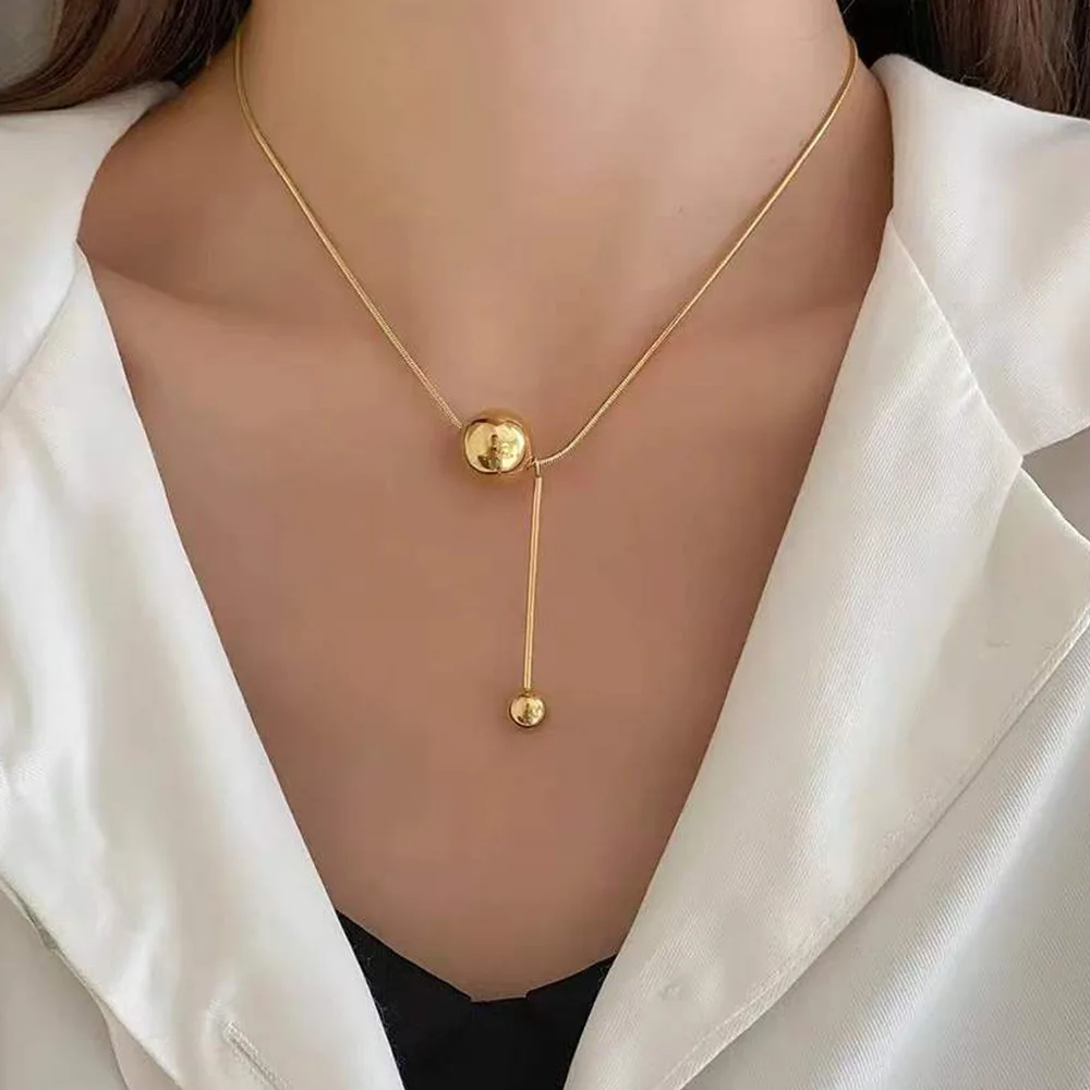 

DONATTO Stainless Steel Gold Color Large Ball Long Pendant Necklace For Women New Fashion Girls Neck Chain Jewelry Gifts