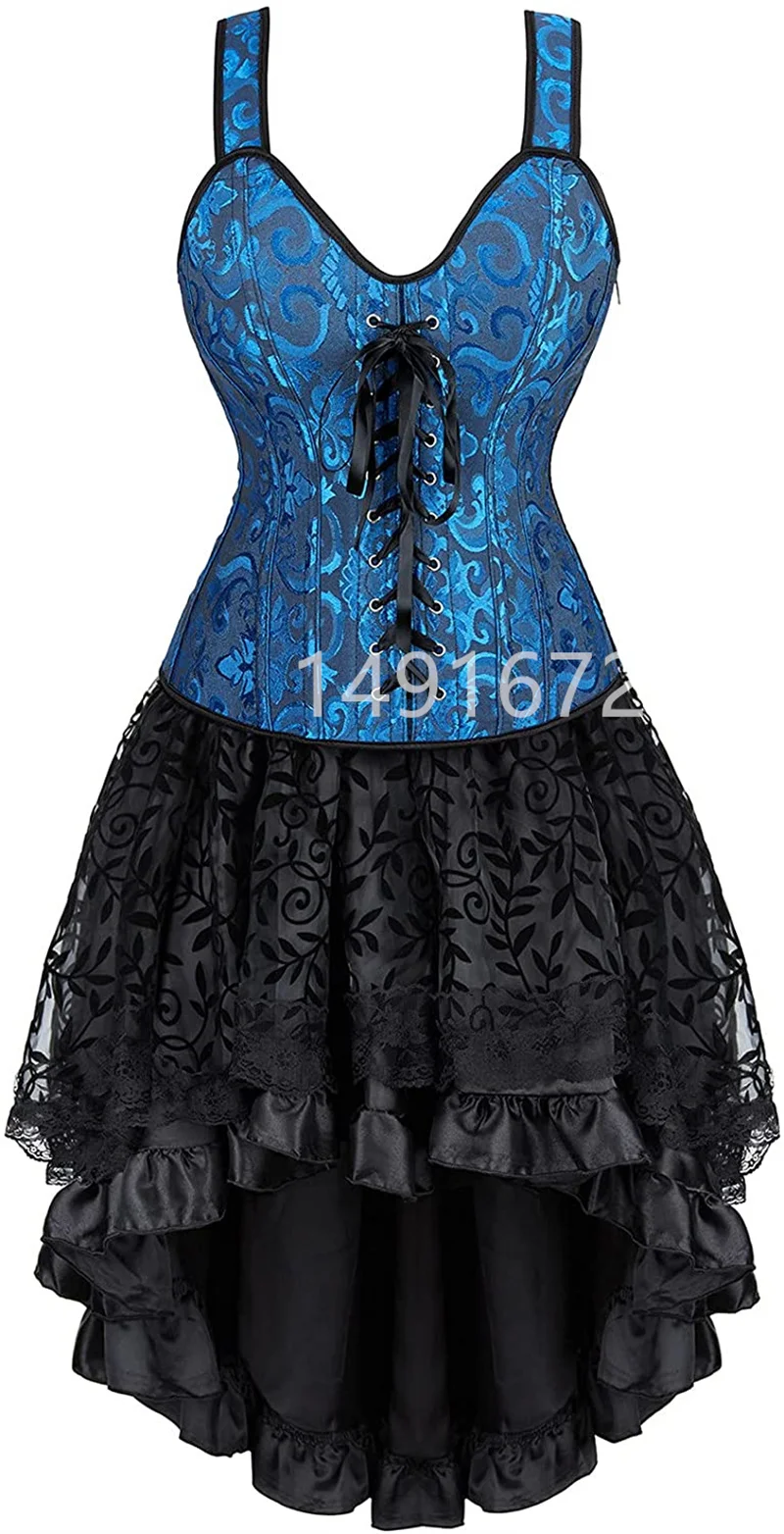 

Sapubonva синий корсет платье топ юбка комплект женское Бюстье викторианское кружевное белье для женщин Бурлеск Готический стиль корсет