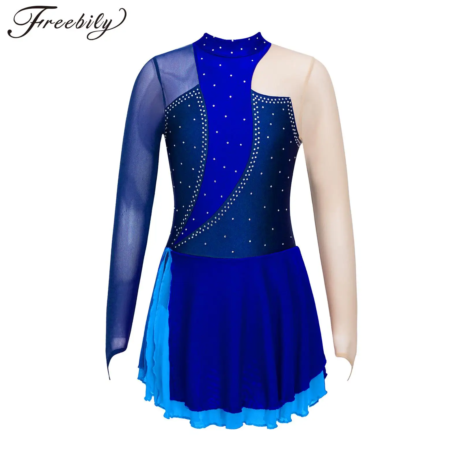 

Kids Girls Figure Skating Dress Long Sleeve Shiny Rhinestone Contrast Color Sheer Mesh Ballet Gymnastics Leotard Tutu Dancewear