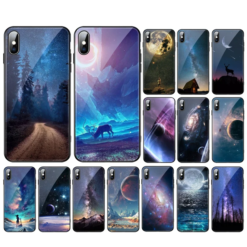 

Star Space Moon Night Glass phone case For iphone 15 14 13 Pro Max 12 11 Pro Max XS Mobile Phone Case Funda