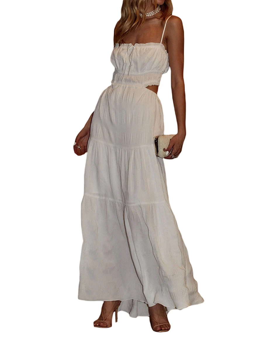 

Женское богемное платье макси на тонких бретельках с открытой спиной, с вырезами и рюшами, свободное платье-комбинация для пляжного коктейля