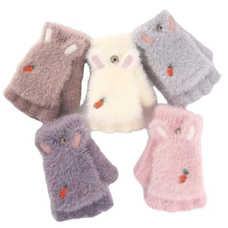 

Зимние корейские Симпатичные мягкие женские плюшевые морковка перчатки женские зимние теплые Универсальные студенческие откидные на полп...