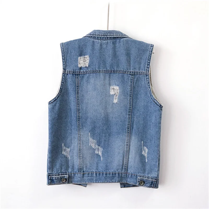 

Korean Autumn Vintage Blue Pocket Denim Vest Women Waistcoat Slim Short Holes Cowboy Sleeveless Jacket Casual Jeans Vests Female