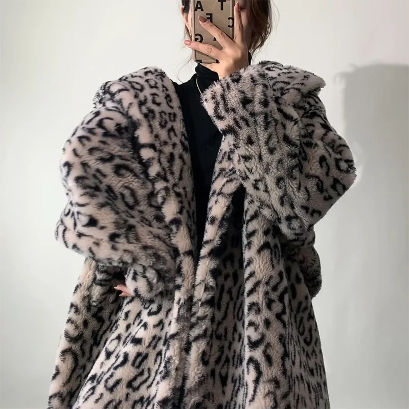 

Fur Coat Women Winter Real 2023 New Korean casual silhouette Leopard Print Long Section Sheep Shearing Jackets шуба женская