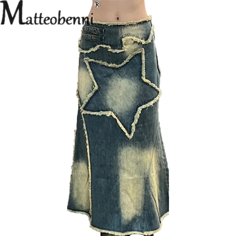 

Vintage Splice Star Shape Long Skirt Female Fashion Streetwear Casual Women's Clothing Elegant Malachite Green Denim Half Dress