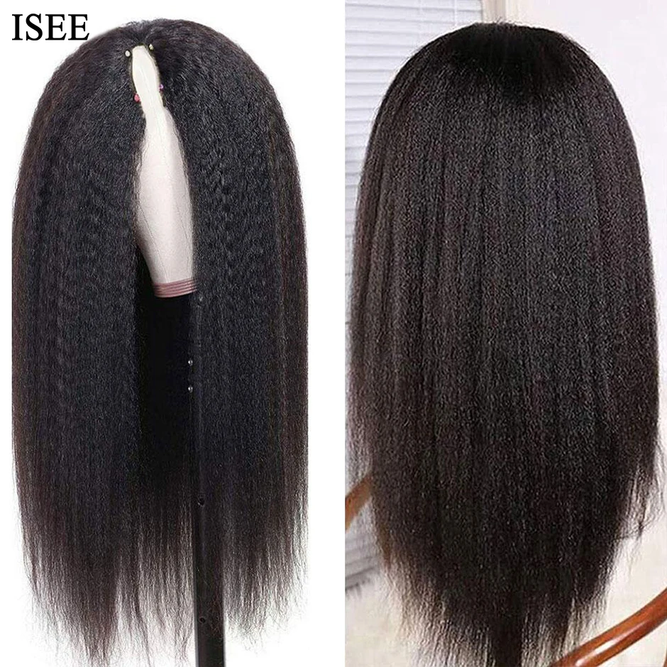 ISEE V Part Wig Yaki Straight Human Hair Wigs 180% Mongolian Kinky Straight Human Hair Wigs Glueless No Leave Out V Part Wigs enlarge