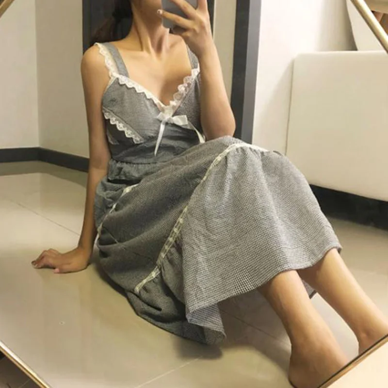 Женская кружевная ночная рубашка в клетку элегантная свободная Ночная на