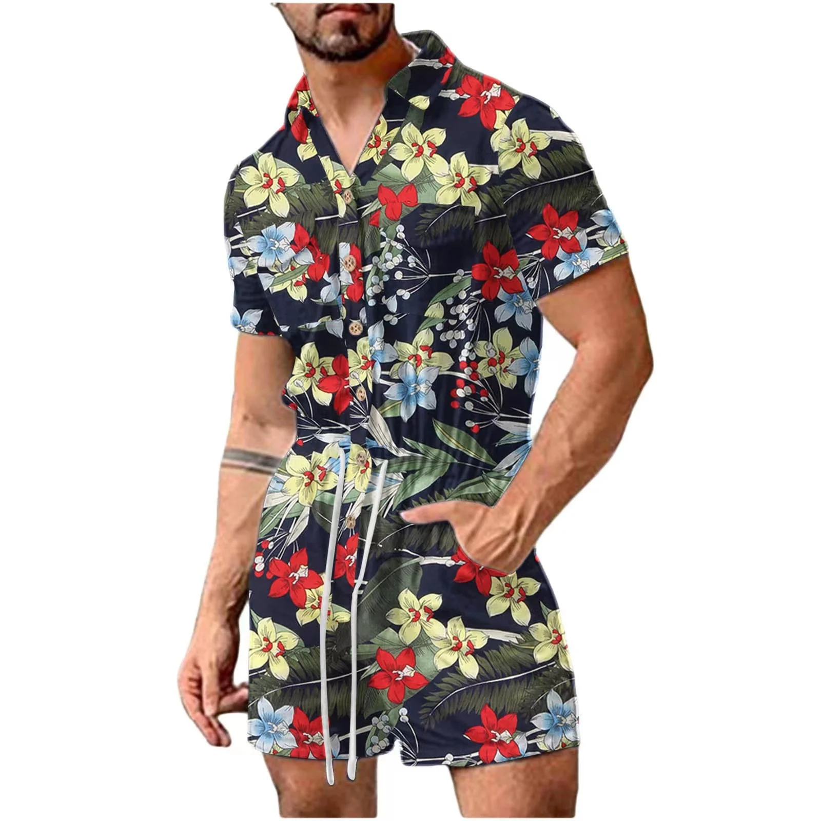 

2023 Floral Print Romper Men Short Sleeve Jumpsuit Summer Beach Wear Hawaii Playsuit Overalls Casual One Piece Shorts Outfits