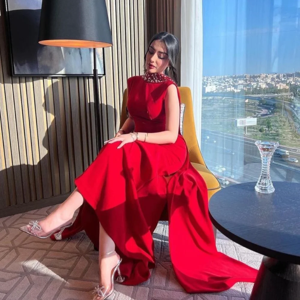 

Red Lady Prom Dresses 2023 Modern Backless Beads Floor-length Saudi Arabia Formal Occasion Simple Evening Dresses Vestidos De
