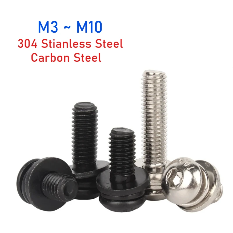 Фото Винт с шестигранной головкой M3~M10 из нержавеющей стали 304 и углеродистой стали с шайбой, комбинированный, под шестигранник (Аллен) №1