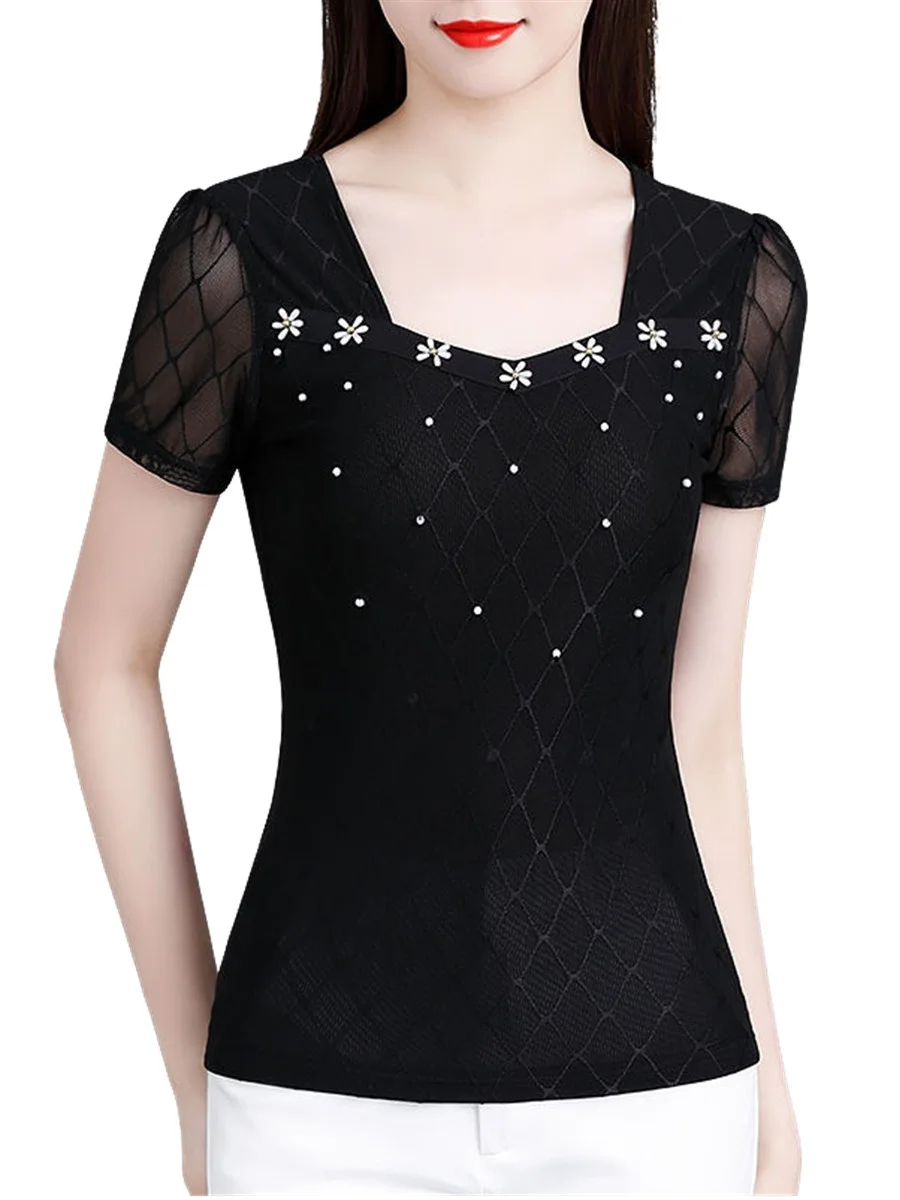 

4XL Women Spring Summer Blouses Shirts Lady Fashion Casual Short Sleeve Square Collar Collar Lace Embroidery Blusas Tops G2114