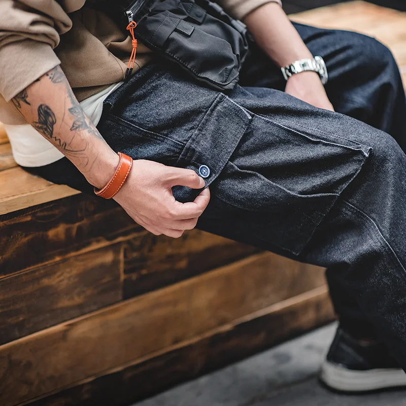 Maden Retro Baggy Jeans Big Pocket Twill Denim Washed Jeans Straight Loose Cargo Pants Hip Hop Streetwear Men Casual Trousers