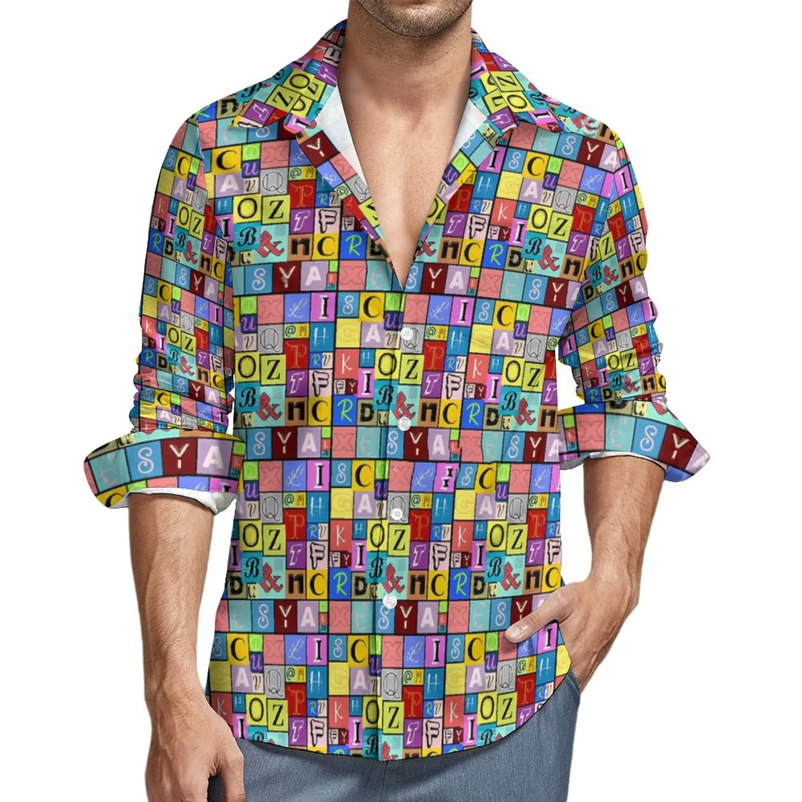 

Cute Lette Print Shirt Men Colorful Alphabet Casual Shirts Autumn Stylish Custom Blouses Long Sleeve Cool Oversize Clothing Gift