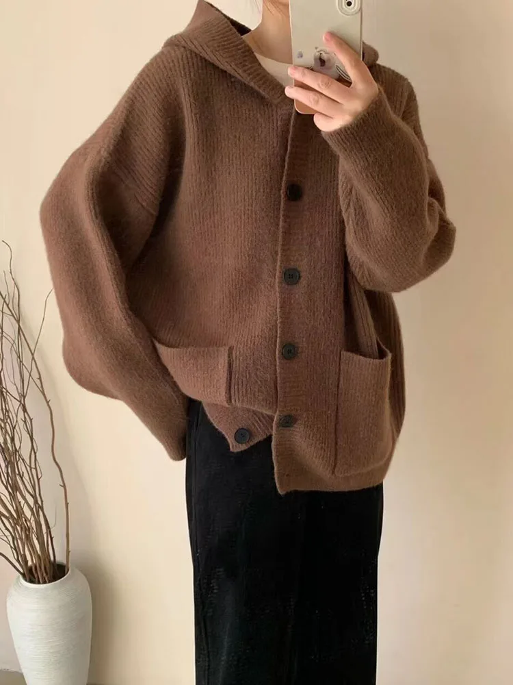 Осенне-зимний корейский свободный вязаный кардиган с капюшоном женский мягкий