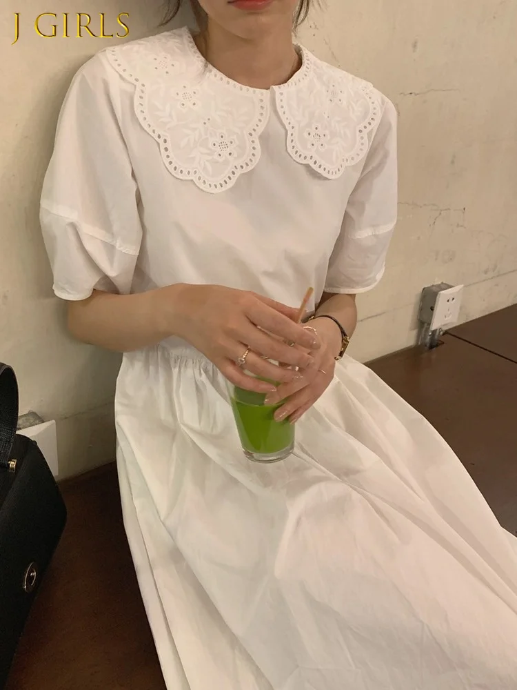

J GIRLS Lace Hollow Peter Pan Collar Dress Women Solid Casual Korean Fashion Short Puff Sleeve Midi Dresses Outwear Elegant