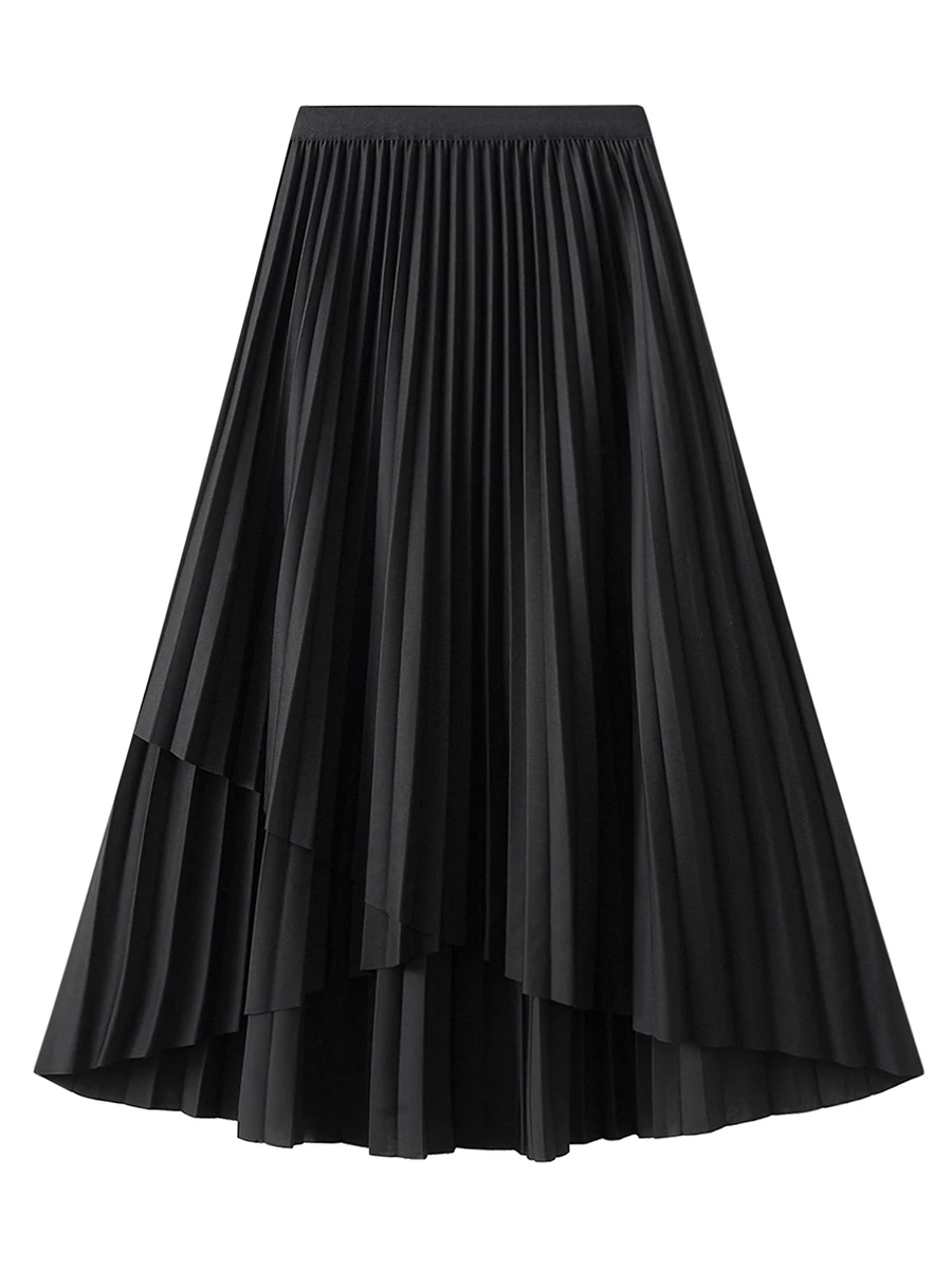 

Women Fall Pleated Skirt Solid Color Elastic Waist Midi Skirt with Irregular Hem for Females Apricot Dark Khaki Green Black
