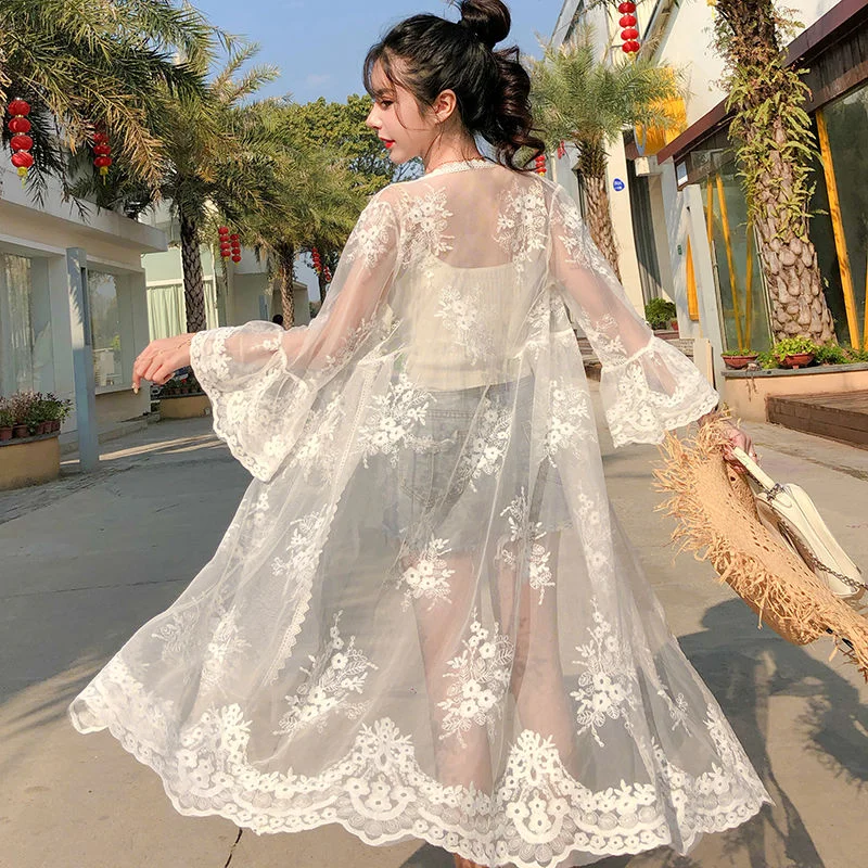 

Summer Beach Style Lace Cardigan Flared Sleeve Thin Sunscreen Outerwear Female All-Match Holiday Midi Length Shawl