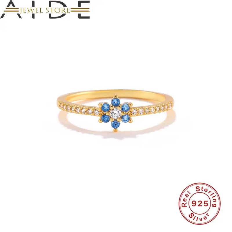 

Aide 925 Sterling Silver INS Blue Zircon Flower Wedding Bague For Lovers' Women Ladies Engagement Ring Anillo Plata 925 Mujer
