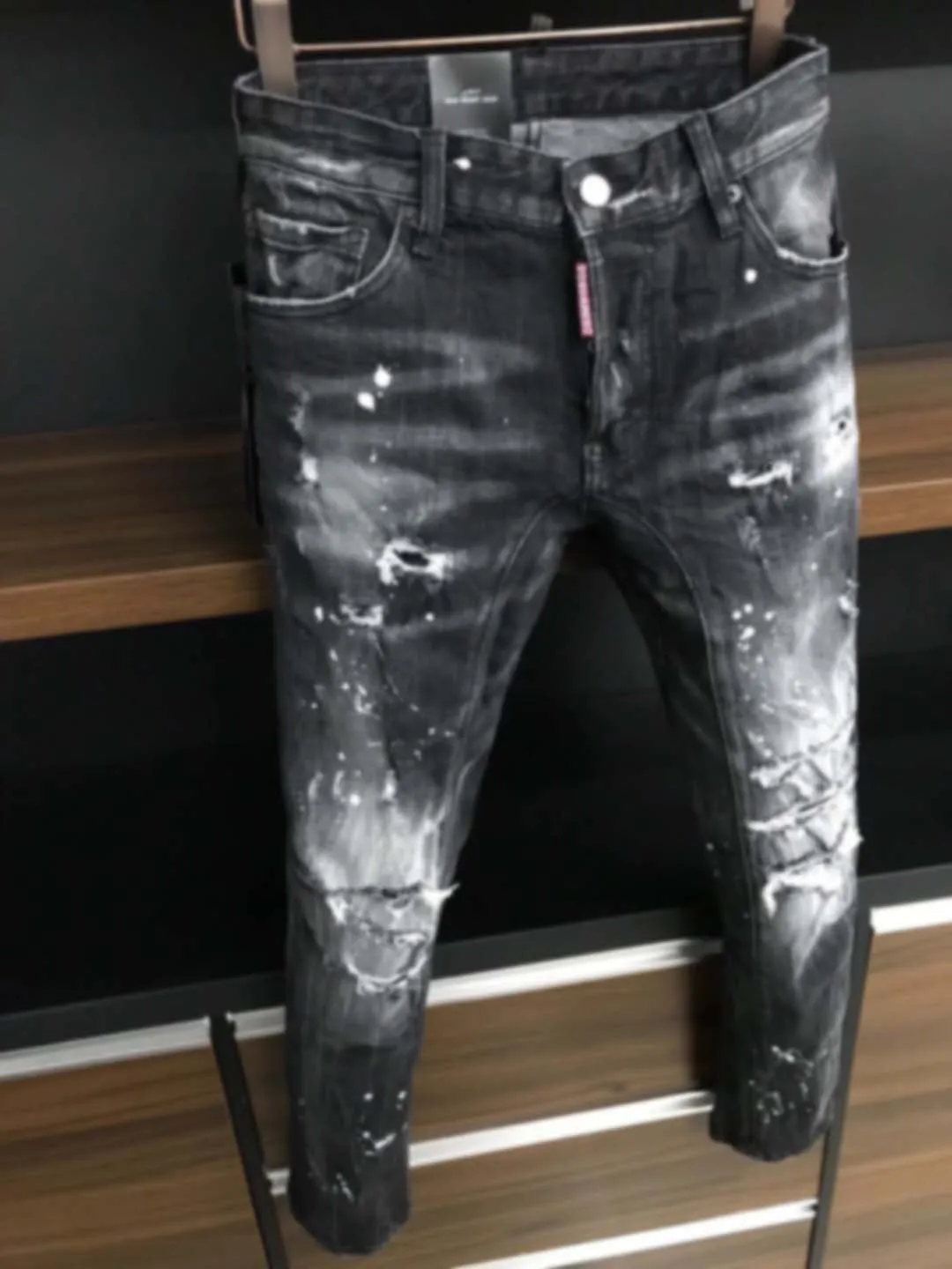2022 Spring/Summer New D2 Jeans Fashion Men's Worn Hole Patch Paint Fashion Print Micro Elastic Slim Fit Small Straight Sleeve