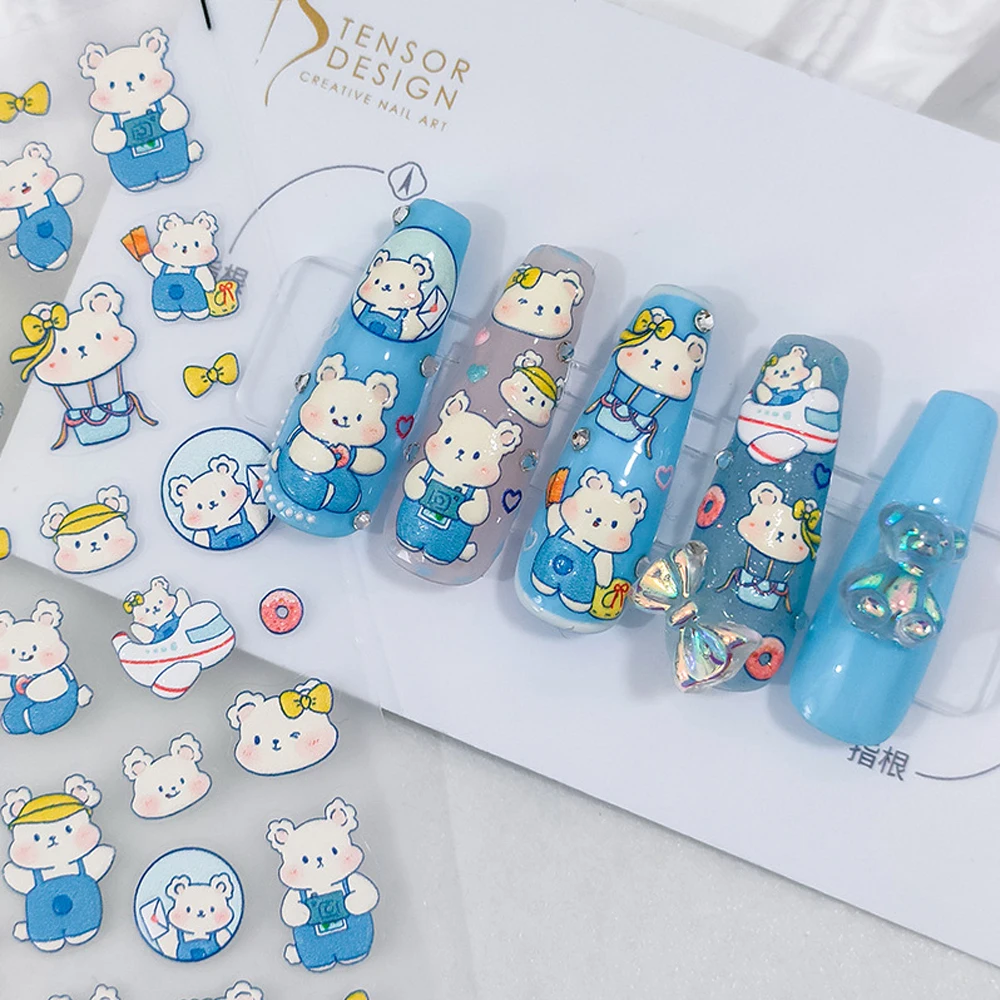 

Cartoon Series Embossed Nail Art Stickers 5D Traveling Bear Pattern Decor Design Ultrathin Charm Sliders Manicure Decals Jewelry