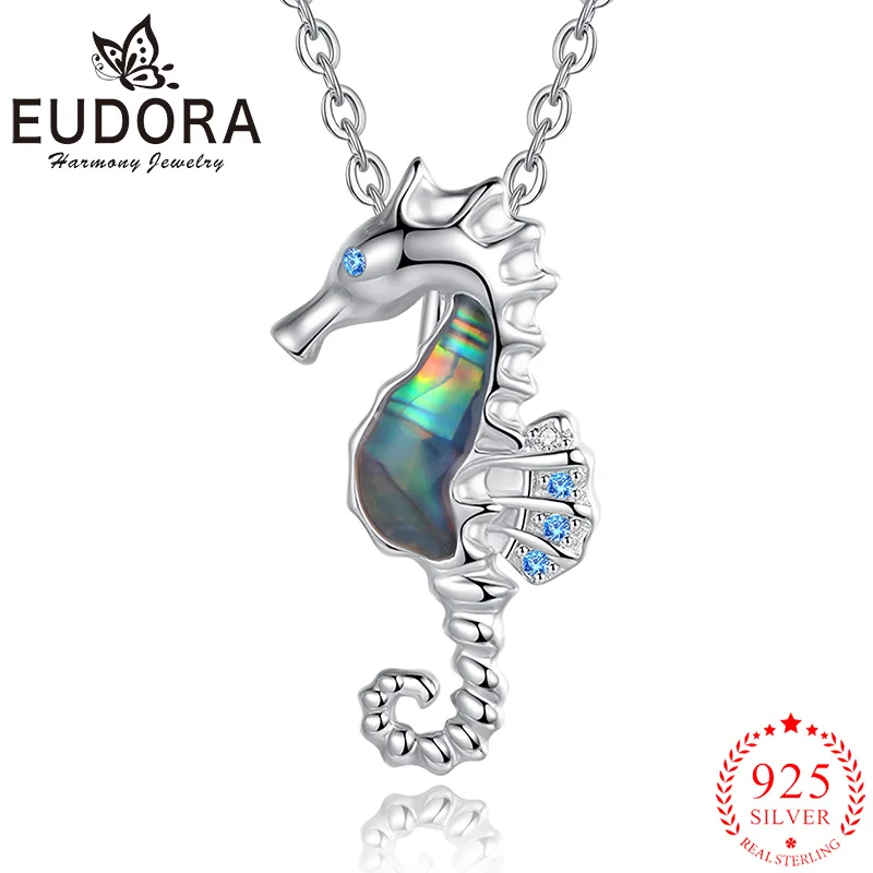 

Eudora 925 Sterling Silver Seahorse Necklace Colorful Abalone Shell Blue Zircon Marine Animal Pendant Women Jewelry Party Gift