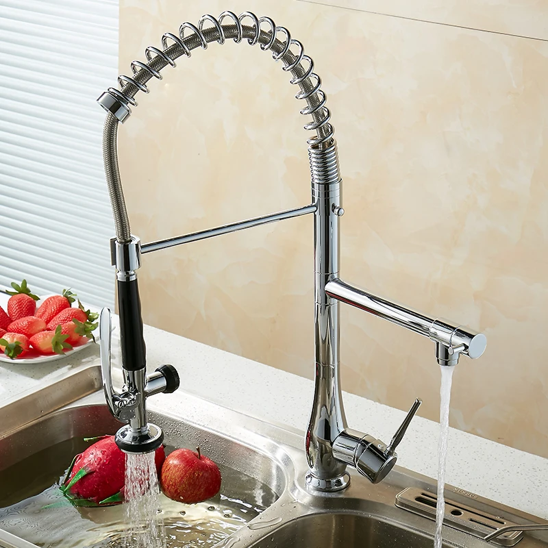 

Chrome Brass High Arch Kitchen Sink Faucet Pull Out Spray Single Handle Swivel Spout Vessel Mixer Taps Kitchen Faucets