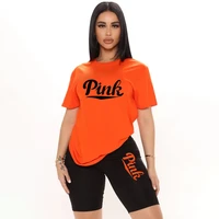 women pink joggers two piece sets sexy slim sportswear summer letter print short sleeve tracksuit 2 piece outfits
