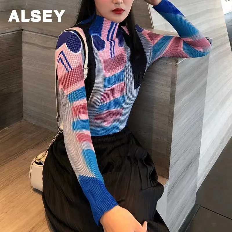 

ALSEY Miyake Pleated Women's Top Stand Neck Artistic Print Long Sleeve High Rebound Pattern Casual Office Lady Women's T-Shirt