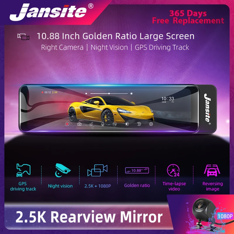 

Зеркало-видеорегистратор Jansite, 10 дюймов, Ultra HD 2,5 K, сенсорный экран, двойной объектив, 1080P, передняя и задняя камеры, GPS